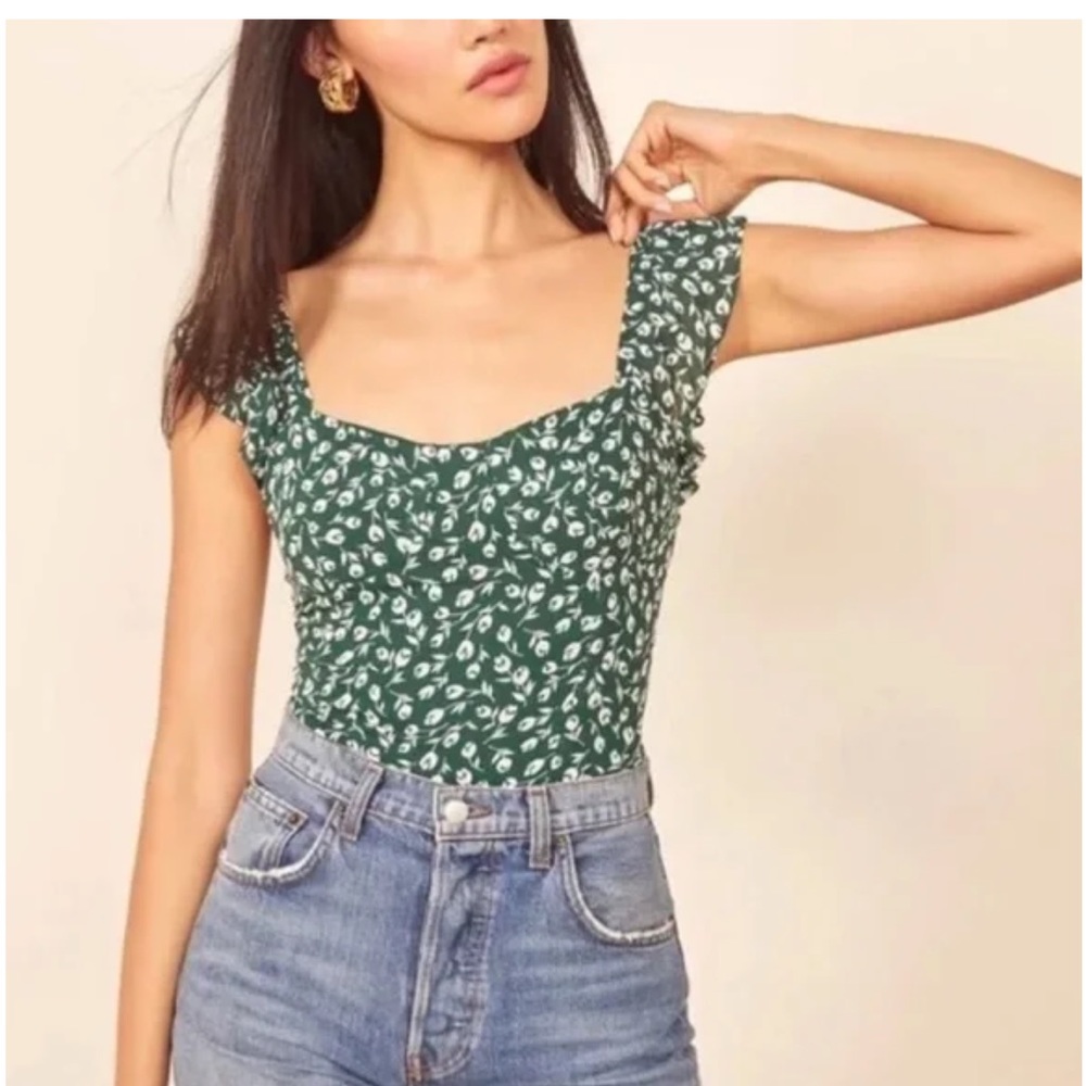 Reformation Lisbon top in green floral print, size 2